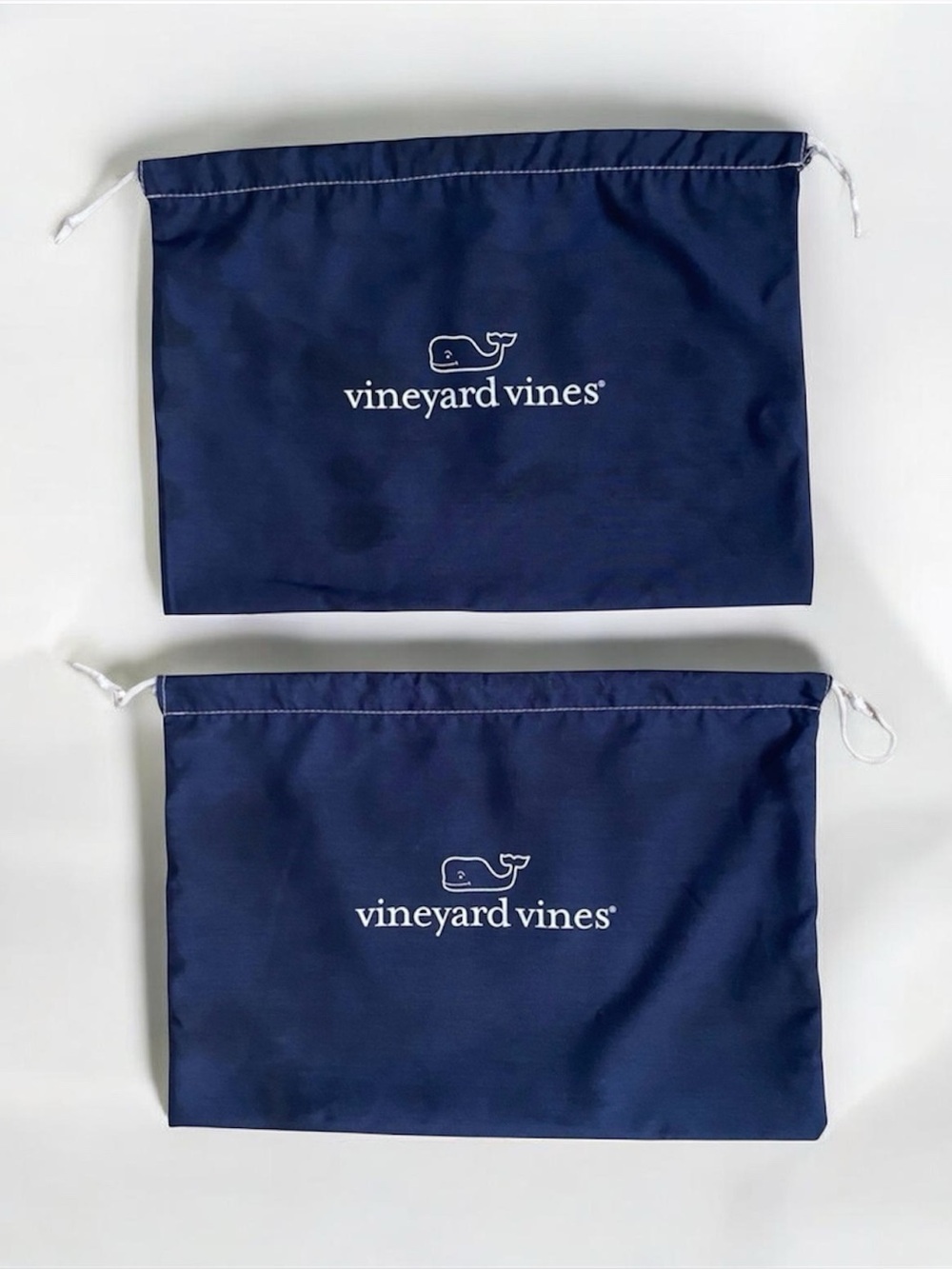🐳 2 Vineyard Vines Navy Blue Cotton Drawstring Logo Bags; Shoe Bag, Travel Bag